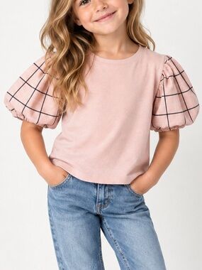 Stem Girls Blush Pink Windowpane Plaid Puff Sleeve Top Shirt Size 5